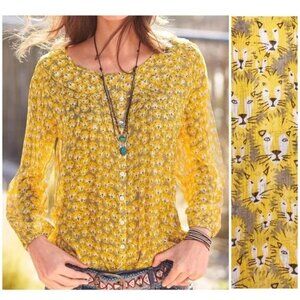 Sundance Silk Lion Print Long Sleeve Button Up Katanga Blouse Size M Yellow